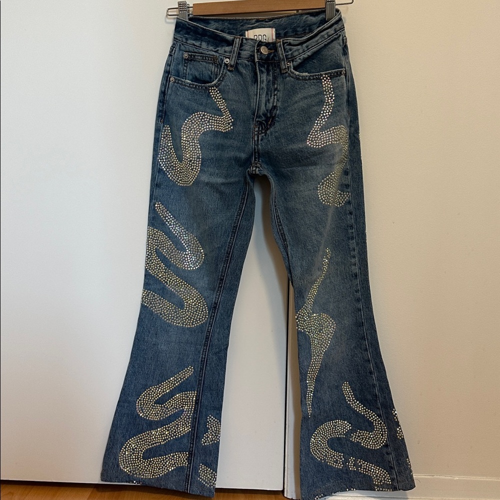 Embellished Flare Jeans with Rhinestone Design